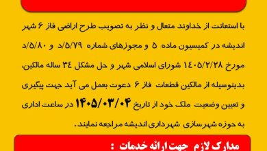 مالکین محترم فاز ۶ شهر اندیشه